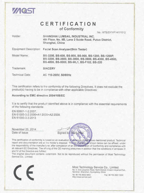 China Shanghai Lumsail Medical And Beauty Equipment Co., Ltd. Certificações